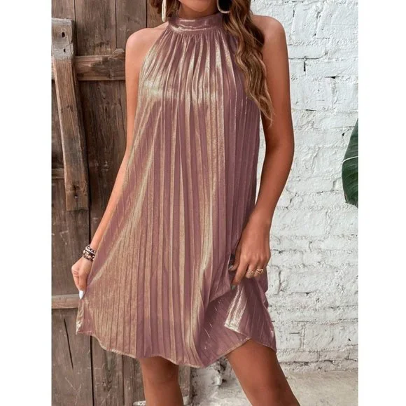 Dusty Pink Metallic Pleated Halter Neck tied back Mini Dress - Picture 6 of 6